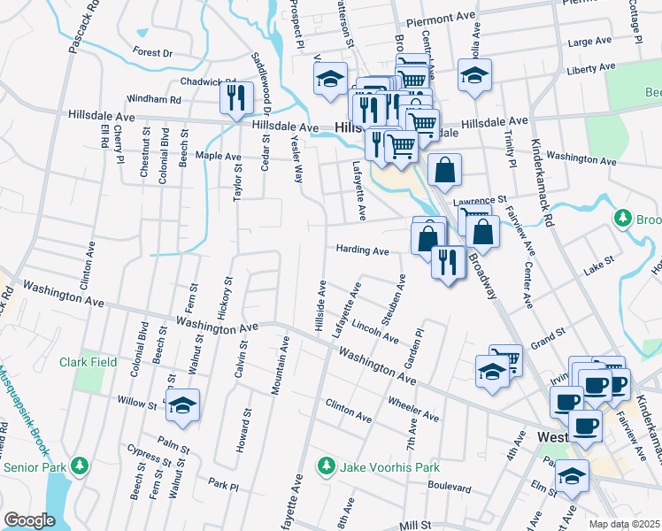 map of restaurants, bars, coffee shops, grocery stores, and more near 95 Hillside Avenue in Westwood