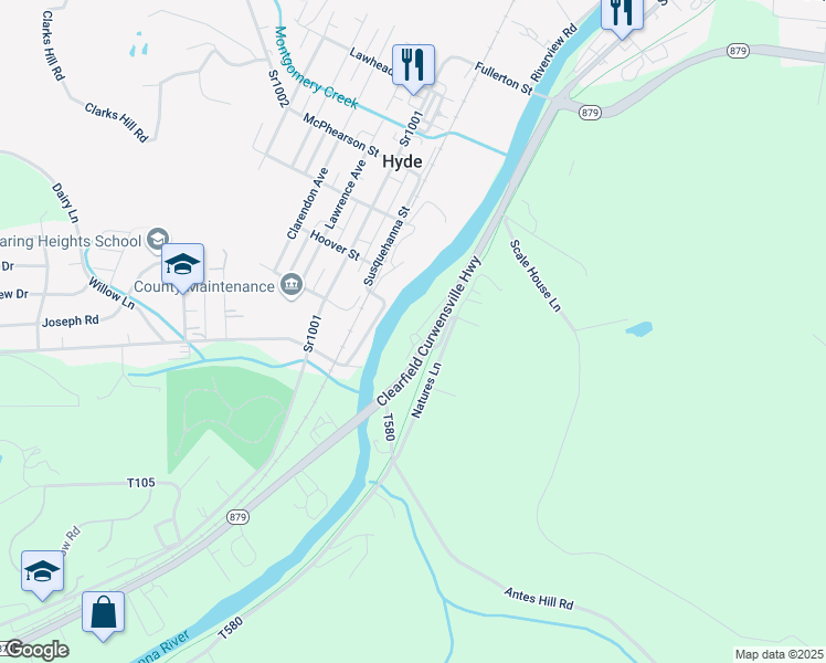 map of restaurants, bars, coffee shops, grocery stores, and more near 9809 Clearfield Curwensville Highway in Clearfield