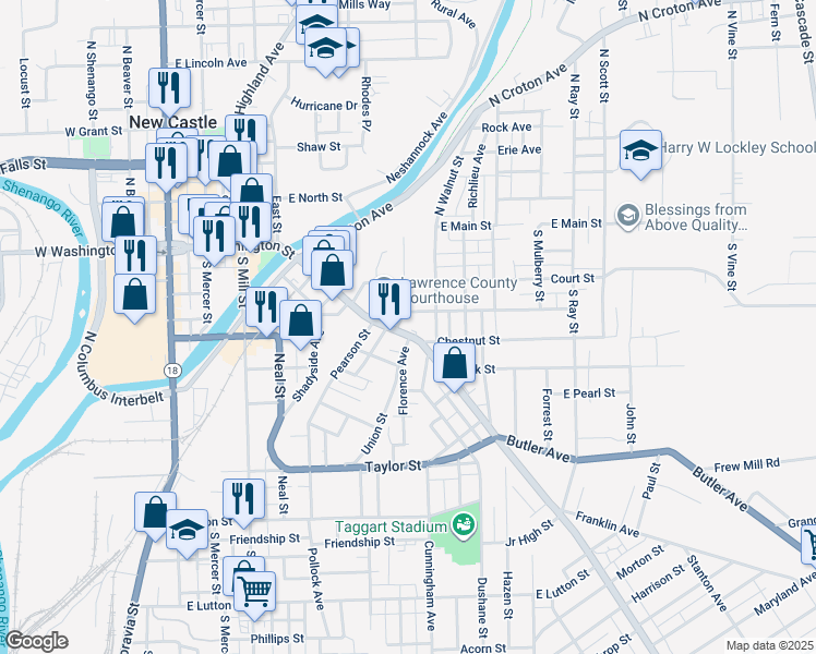 map of restaurants, bars, coffee shops, grocery stores, and more near 445 Countyline Street in New Castle
