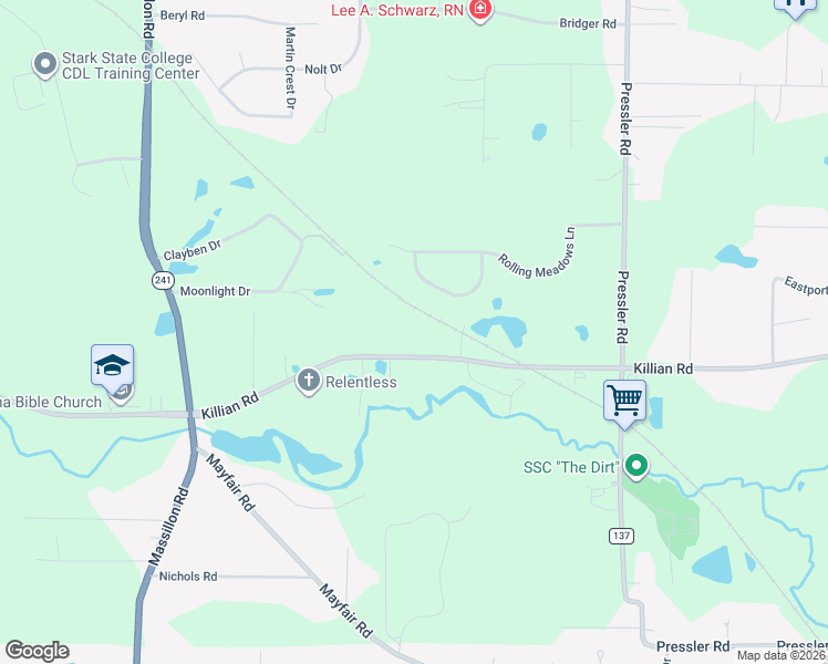 map of restaurants, bars, coffee shops, grocery stores, and more near 2411 Meadow Spring Circle in Akron