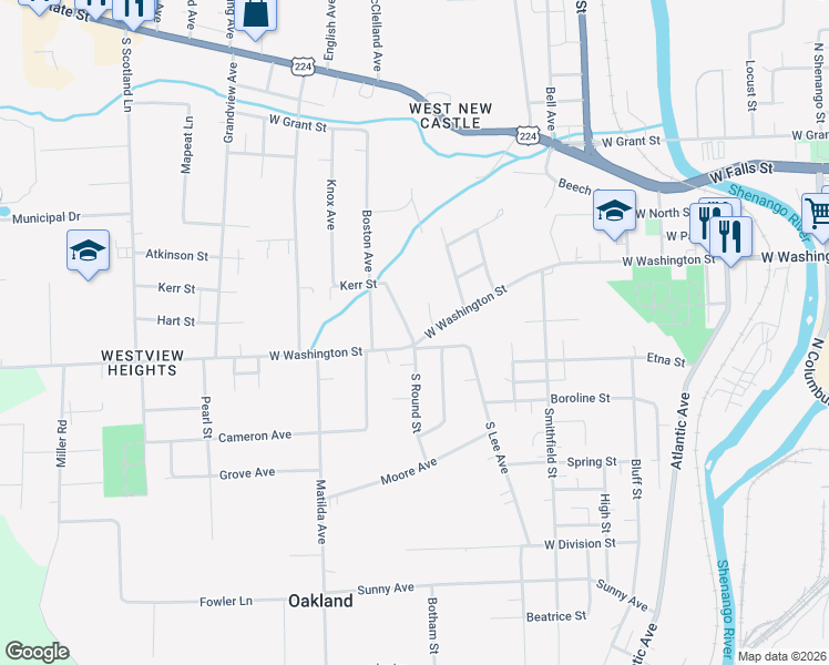map of restaurants, bars, coffee shops, grocery stores, and more near 2 Schley Street in New Castle