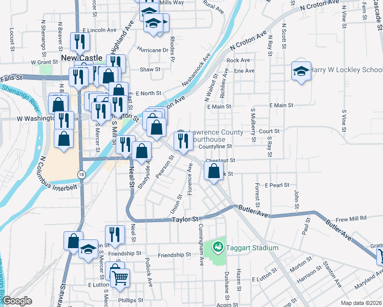 map of restaurants, bars, coffee shops, grocery stores, and more near 469 East Washington Street in New Castle