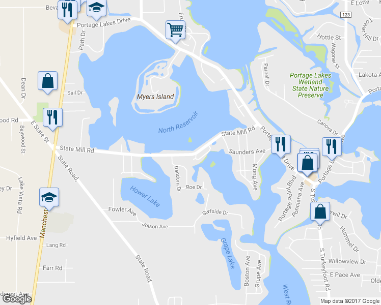 map of restaurants, bars, coffee shops, grocery stores, and more near 665 State Mill Road in Akron