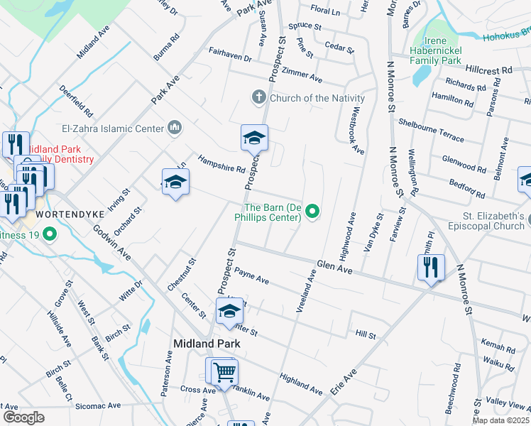 map of restaurants, bars, coffee shops, grocery stores, and more near 12 East Summit Avenue in Midland Park