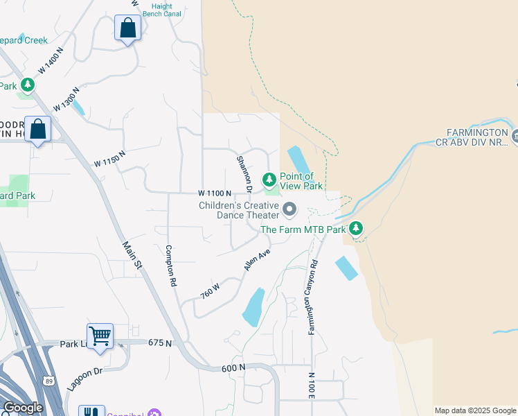 map of restaurants, bars, coffee shops, grocery stores, and more near 1039 West 950 North in Farmington