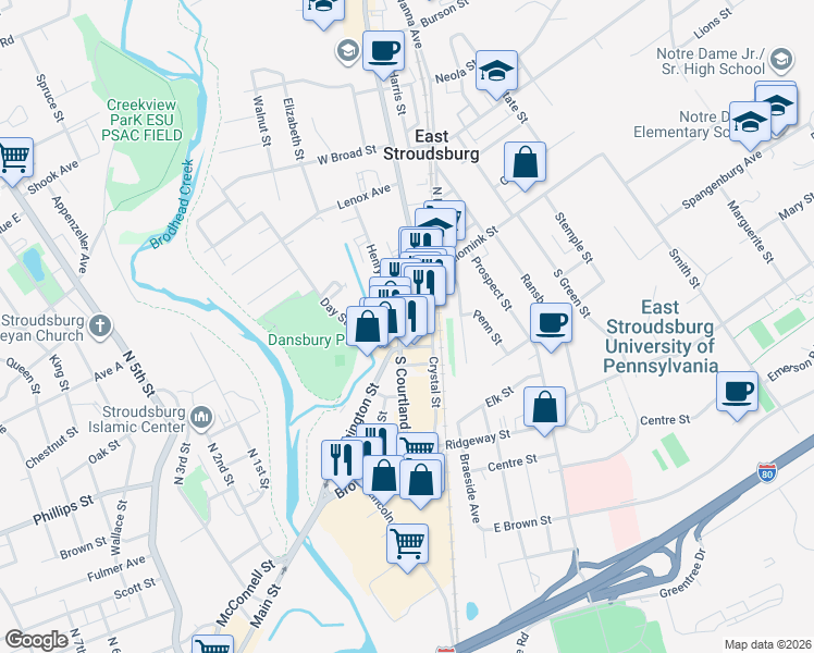 map of restaurants, bars, coffee shops, grocery stores, and more near 78 South Courtland Street in East Stroudsburg