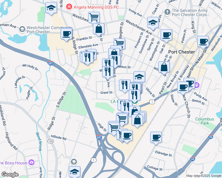 map of restaurants, bars, coffee shops, grocery stores, and more near 242 South Regent Street in Port Chester