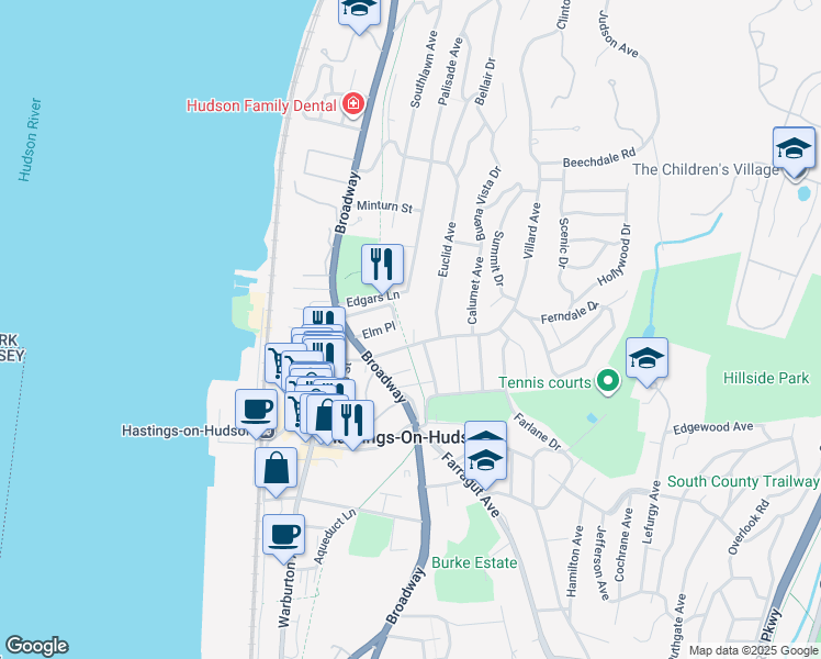 map of restaurants, bars, coffee shops, grocery stores, and more near 15 Euclid Avenue in Hastings-on-Hudson