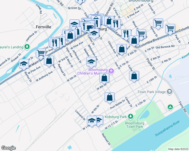 map of restaurants, bars, coffee shops, grocery stores, and more near in Bloomsburg