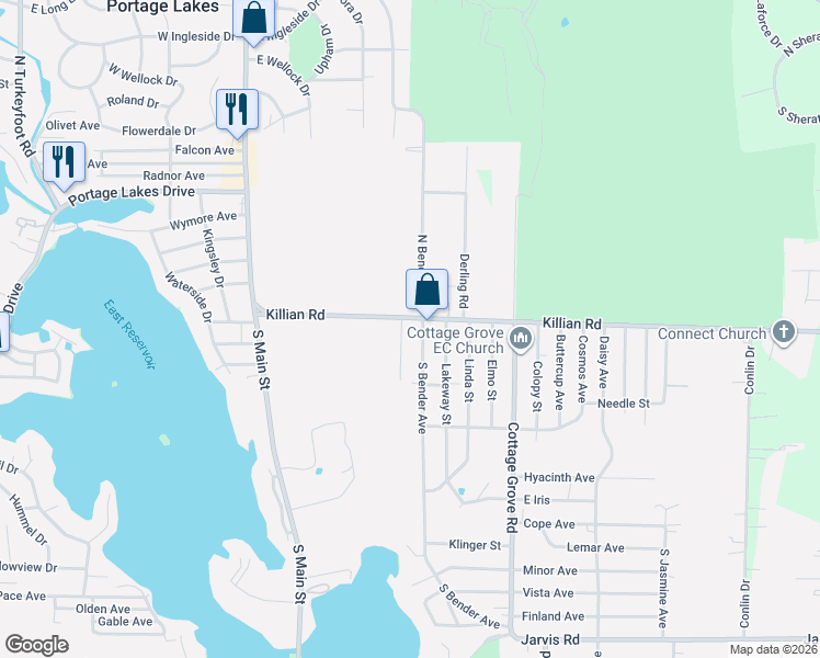 map of restaurants, bars, coffee shops, grocery stores, and more near 174 Killian Road in Akron