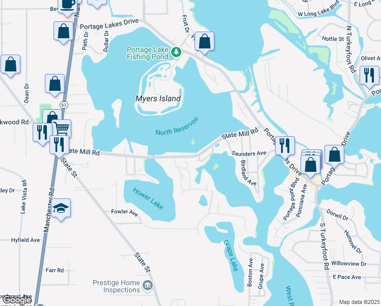 map of restaurants, bars, coffee shops, grocery stores, and more near 665 State Mill Road in Akron