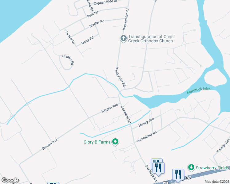 map of restaurants, bars, coffee shops, grocery stores, and more near 3535 Cox Neck Road in Mattituck
