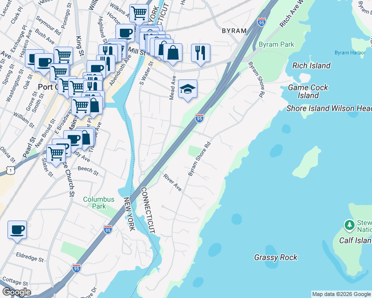 map of restaurants, bars, coffee shops, grocery stores, and more near 98 Byram Shore Road in Greenwich