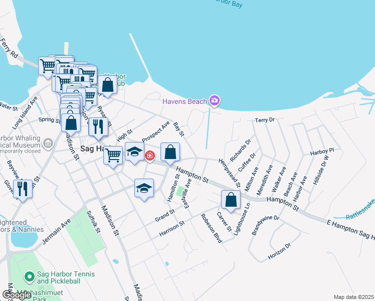 map of restaurants, bars, coffee shops, grocery stores, and more near 162 Bay Street in Sag Harbor