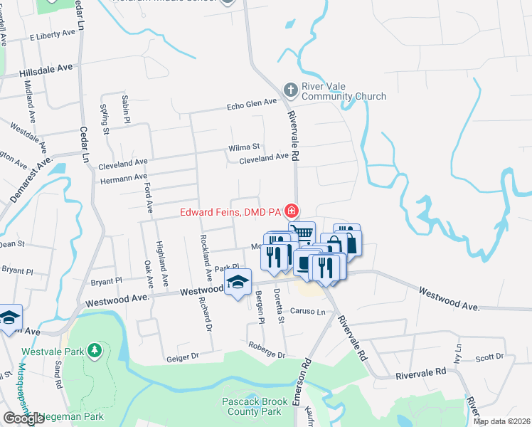 map of restaurants, bars, coffee shops, grocery stores, and more near 622 Sloat Place in River Vale