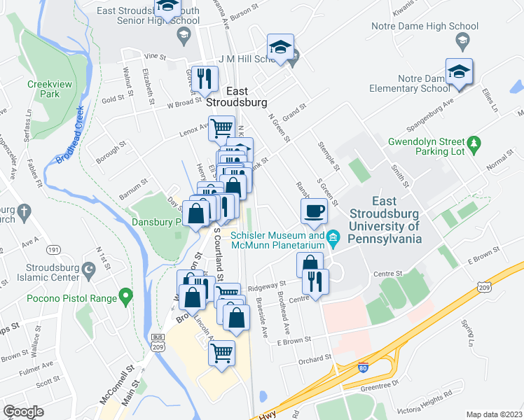 map of restaurants, bars, coffee shops, grocery stores, and more near 102 South Kistler Street in East Stroudsburg