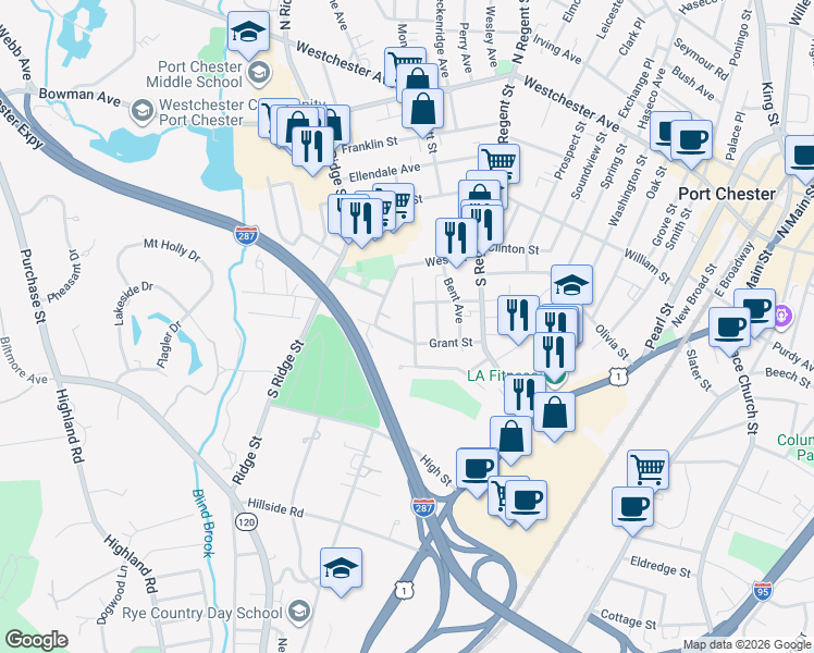 map of restaurants, bars, coffee shops, grocery stores, and more near 78 Grandview Avenue in Port Chester