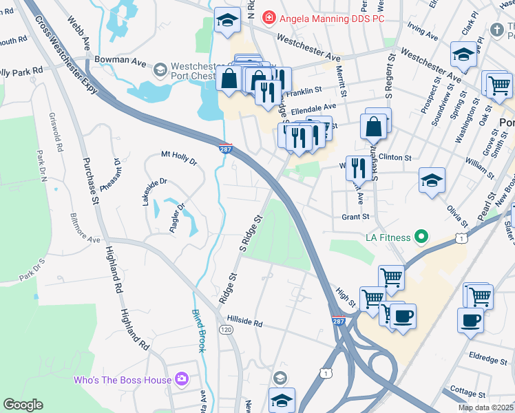 map of restaurants, bars, coffee shops, grocery stores, and more near 18 Brookridge Court in Rye Brook