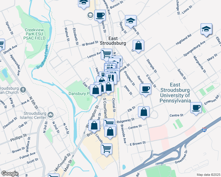 map of restaurants, bars, coffee shops, grocery stores, and more near 48 Crystal Street in East Stroudsburg