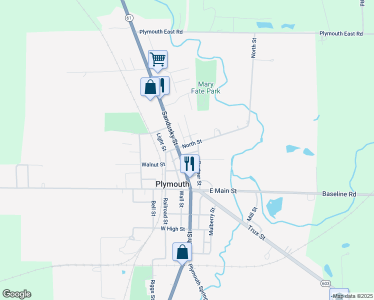 map of restaurants, bars, coffee shops, grocery stores, and more near 104 Sandusky Street in Plymouth