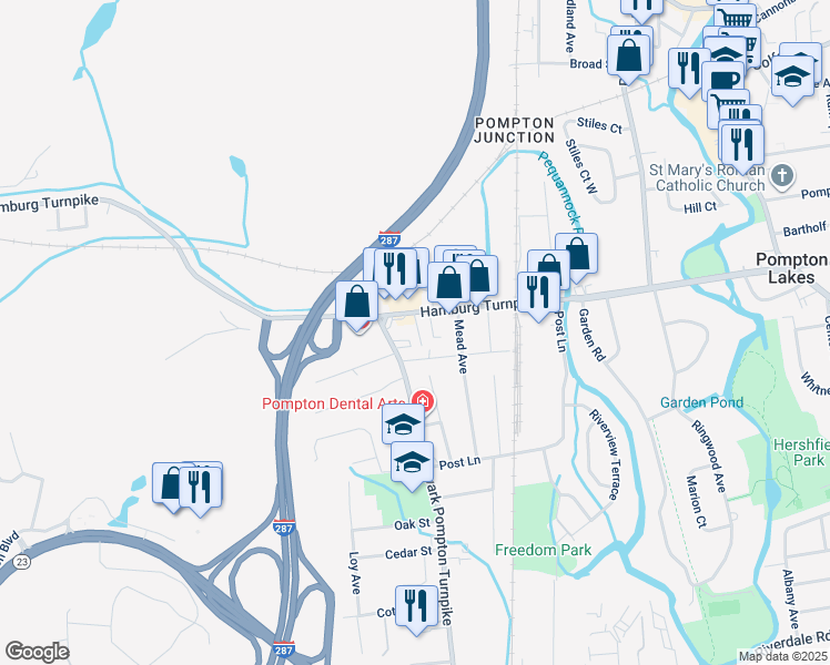 map of restaurants, bars, coffee shops, grocery stores, and more near 69 Hamburg Turnpike in Riverdale