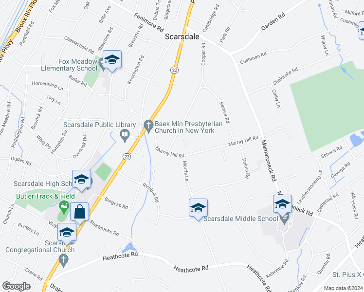 map of restaurants, bars, coffee shops, grocery stores, and more near 2 Cooper Road in Scarsdale