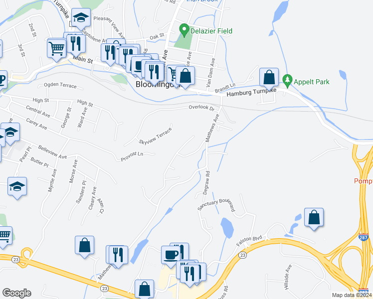 map of restaurants, bars, coffee shops, grocery stores, and more near 12 Mountain View Court in Riverdale
