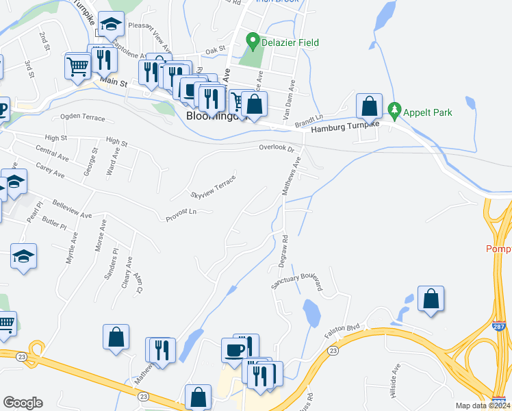 map of restaurants, bars, coffee shops, grocery stores, and more near 38 Mountain View Court in Riverdale