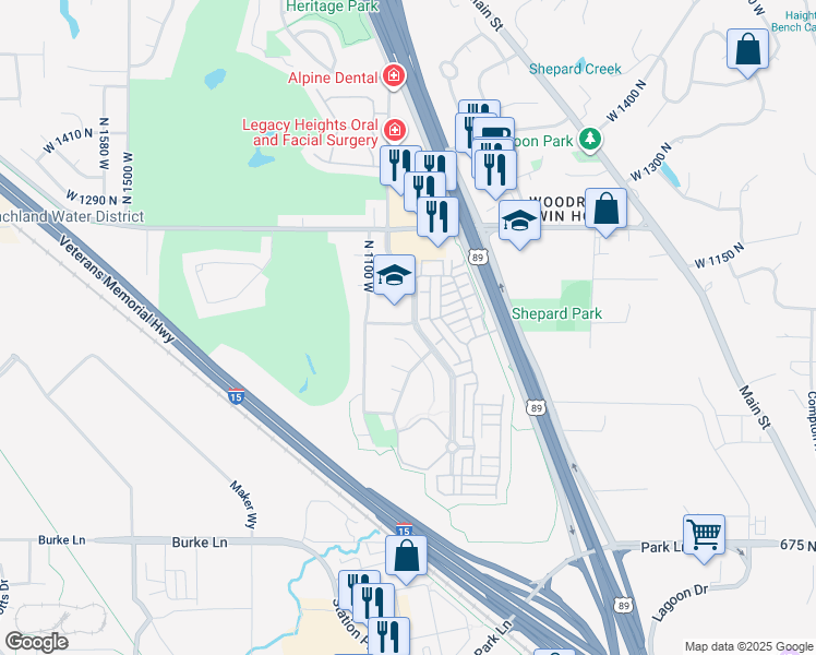 map of restaurants, bars, coffee shops, grocery stores, and more near 1064 North Shepard Creek Parkway in Farmington