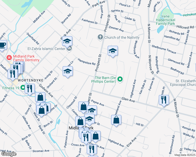 map of restaurants, bars, coffee shops, grocery stores, and more near 12 East Summit Avenue in Midland Park