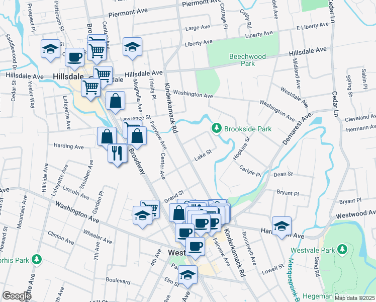 map of restaurants, bars, coffee shops, grocery stores, and more near 485 Kinderkamack Road in Westwood