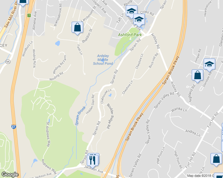 map of restaurants, bars, coffee shops, grocery stores, and more near 30 Clubhouse Lane in Scarsdale