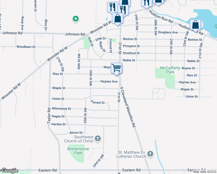 map of restaurants, bars, coffee shops, grocery stores, and more near 1437 Maple Street in Barberton
