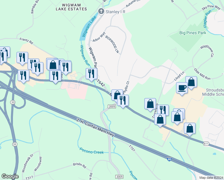 map of restaurants, bars, coffee shops, grocery stores, and more near 109 Pipher Lane in Stroudsburg