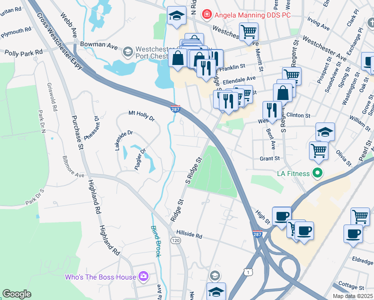 map of restaurants, bars, coffee shops, grocery stores, and more near 38 Brookridge Court in Rye Brook