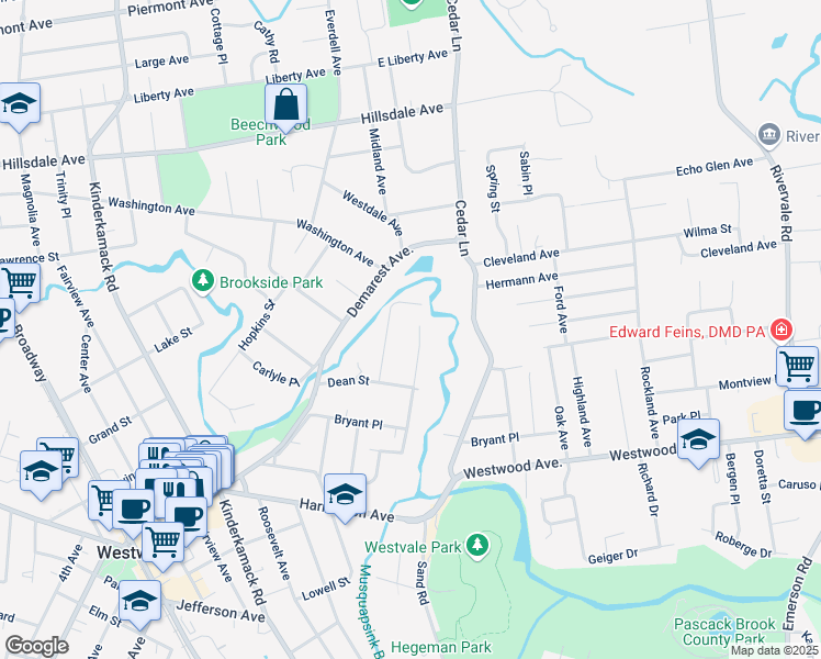 map of restaurants, bars, coffee shops, grocery stores, and more near 78 Lyons Pl in Westwood