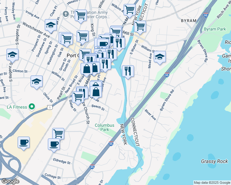 map of restaurants, bars, coffee shops, grocery stores, and more near 25 Martin Pl in Port Chester