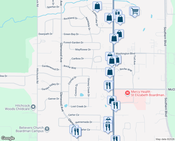 map of restaurants, bars, coffee shops, grocery stores, and more near 133 Roche Way in Youngstown