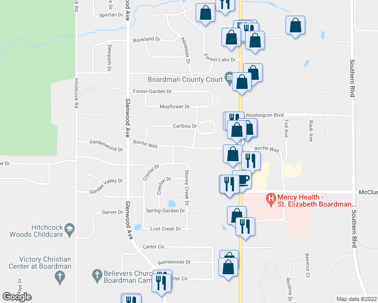 map of restaurants, bars, coffee shops, grocery stores, and more near 133 Roche Way in Youngstown