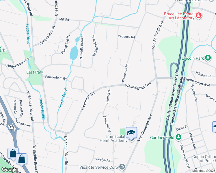 map of restaurants, bars, coffee shops, grocery stores, and more near 225 Wearimus Road in Ho-Ho-Kus