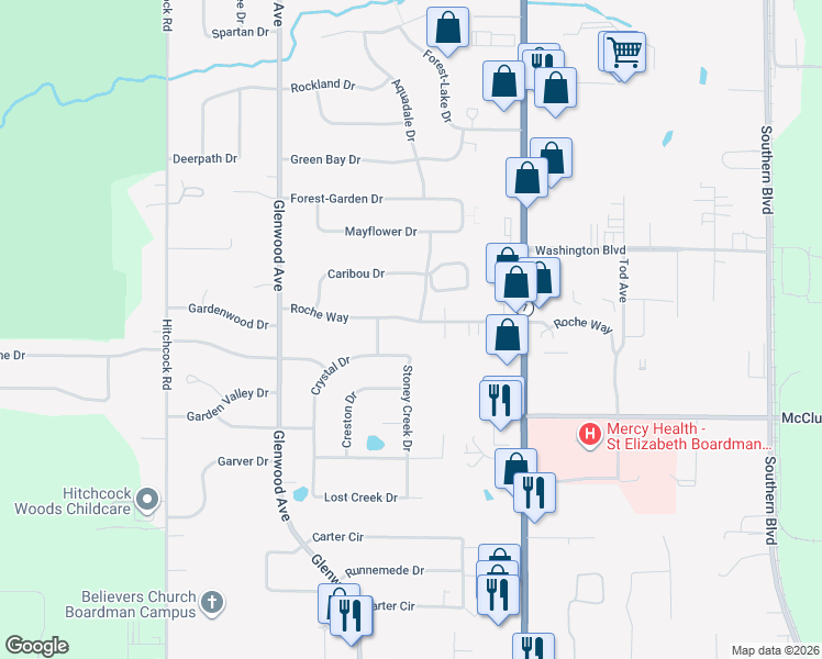 map of restaurants, bars, coffee shops, grocery stores, and more near 133 Roche Way in Youngstown