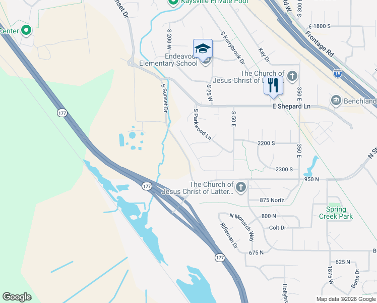 map of restaurants, bars, coffee shops, grocery stores, and more near 2226 South Betsy's Way in Kaysville