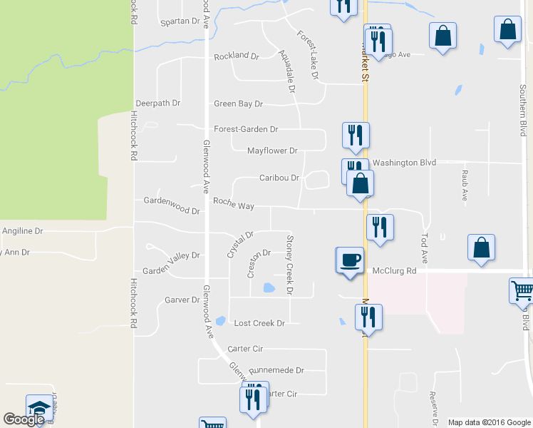 map of restaurants, bars, coffee shops, grocery stores, and more near 157 Roche Way in Youngstown
