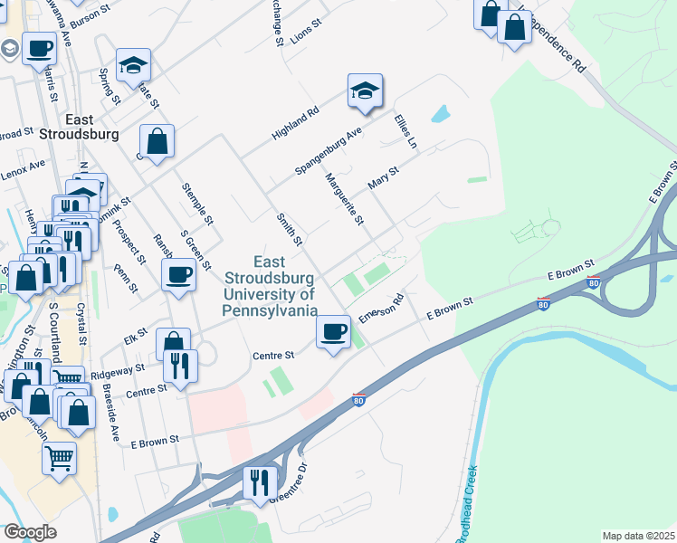 map of restaurants, bars, coffee shops, grocery stores, and more near 401 Normal Street in East Stroudsburg