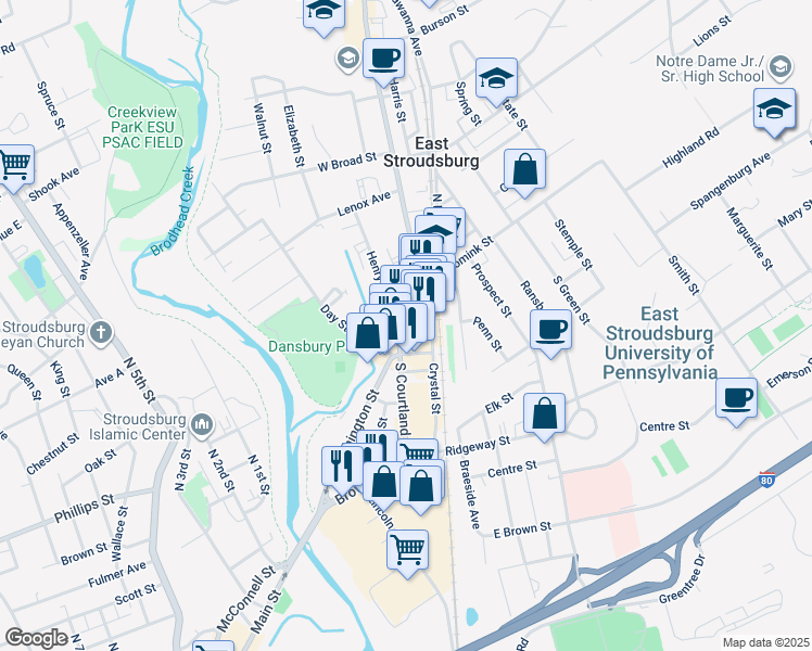 map of restaurants, bars, coffee shops, grocery stores, and more near 78 South Courtland Street in East Stroudsburg