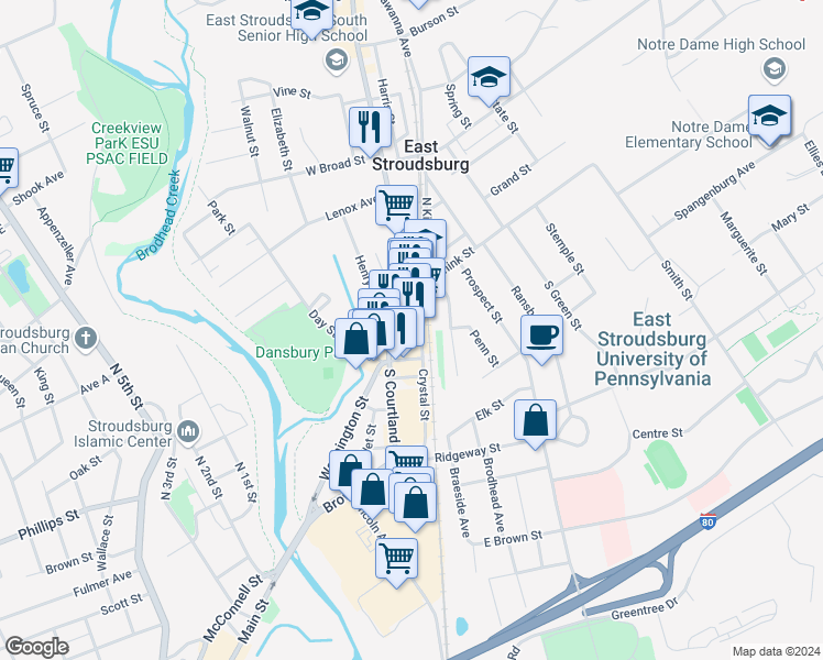 map of restaurants, bars, coffee shops, grocery stores, and more near 48 Crystal Street in East Stroudsburg