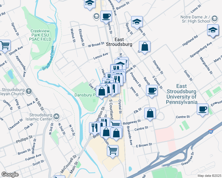map of restaurants, bars, coffee shops, grocery stores, and more near 78 South Courtland Street in East Stroudsburg