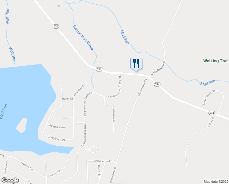 map of restaurants, bars, coffee shops, grocery stores, and more near Towamensing Trails Rd in Albrightsville
