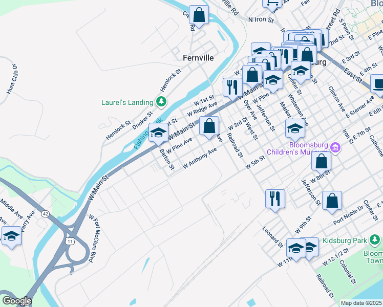 map of restaurants, bars, coffee shops, grocery stores, and more near 518 West 3rd Street in Bloomsburg