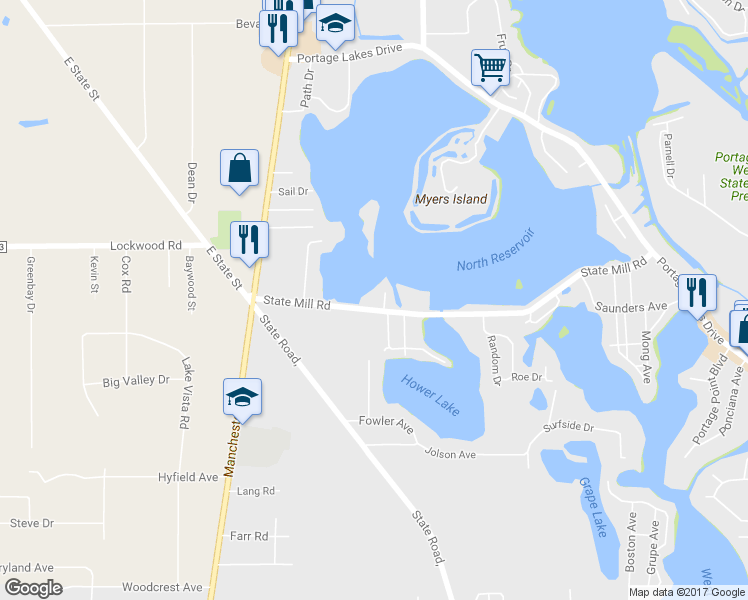 map of restaurants, bars, coffee shops, grocery stores, and more near 845 State Mill Road in Akron